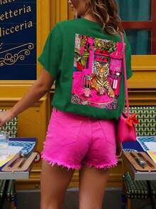 [Free National Shipping] DrmWander Women's Graphic T-Shirt, Casual Urban Style Short Sleeve T-Shirt, Cute Summer Top, Women's Cotton T-Shirt - 綠色的 - 查看 3
