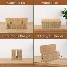Cable Management Box, Handcrafted Wicker Cable Organizer With 2 Open Slot Compartments, Power Cord Concealment, Router And USB Hub, Data Cable Organizer 13" X 5.1" X 5.1", Natural. - Multicolor - View 6