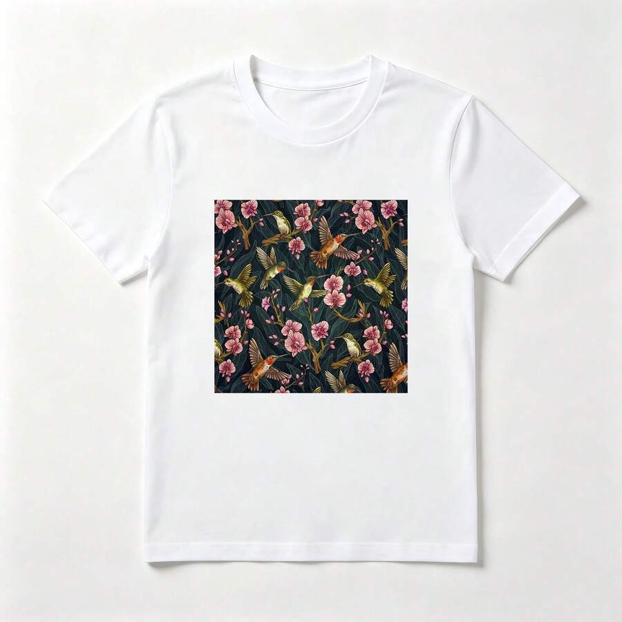 Colibríes y Flores Playera de Algodón Blanca Estilo Natural - Blanco - Ver 1