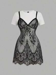 Vestido mini de encaje en negro y blanco talla grande 2 en 1 - Blanco y Negro - Ver 6