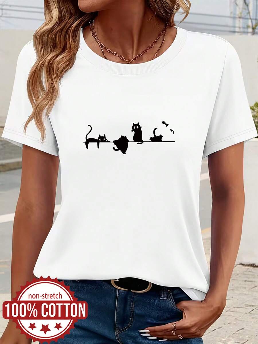 Camiseta de Mujer de Verano, Cuello Redondo, Manga Corta, 100%, Ideal para Salidas Diarias, Viajes, Vacaciones y Citas, Estampado de Silueta de Gato, Top Casual, Tela Versátil y Cómoda - Blanco - Ver 1
