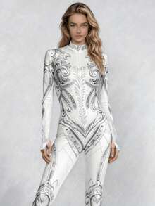 Futuristic Silver White Armor Print Tight Jumpsuit, Elastic/Cosplay/Convention/Party Stage Performance Outfit/Silver White Armor/Mechanical Pattern - White - View 1