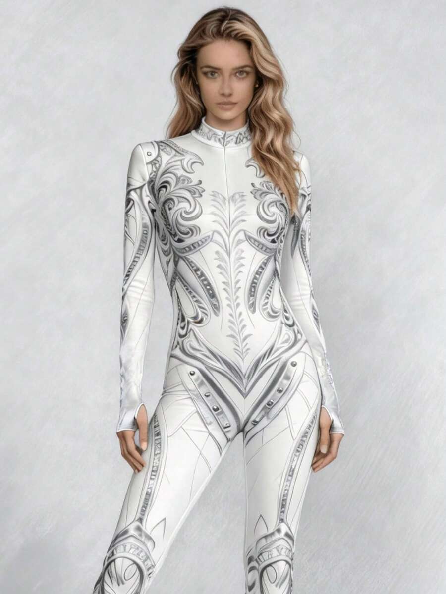 Futuristic Silver White Armor Print Tight Jumpsuit, Elastic/Cosplay/Convention/Party Stage Performance Outfit/Silver White Armor/Mechanical Pattern - White - View 1