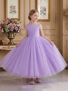 Vestido morado de fiesta de cumpleaños para niña preadolescente, vestido de niña de las flores con volantes de tul para boda - Morado - Ver 3