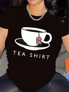 1 camiseta de mujer con estampado de té de estilo británico - Camiseta suave de manga corta con cuello redondo, adecuada para uso diario casual y eventos de temática británica - Lavable a máquina, 180g, 100% algodón. - Negro - Ver 12