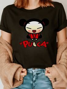 Adorable Figure Of A Smiling Girl With A Double Bow Conveying Joy, Tenderness And Positive Energy, Ideal For Expressing A Fun And Youthful Style. Casual, Comfortable And Modern Women's T-Shirt. - 黑色 - 查看 1
