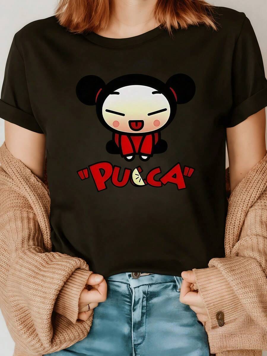 Adorable Figure Of A Smiling Girl With A Double Bow Conveying Joy, Tenderness And Positive Energy, Ideal For Expressing A Fun And Youthful Style. Casual, Comfortable And Modern Women's T-Shirt. - 黑色 - 查看 1