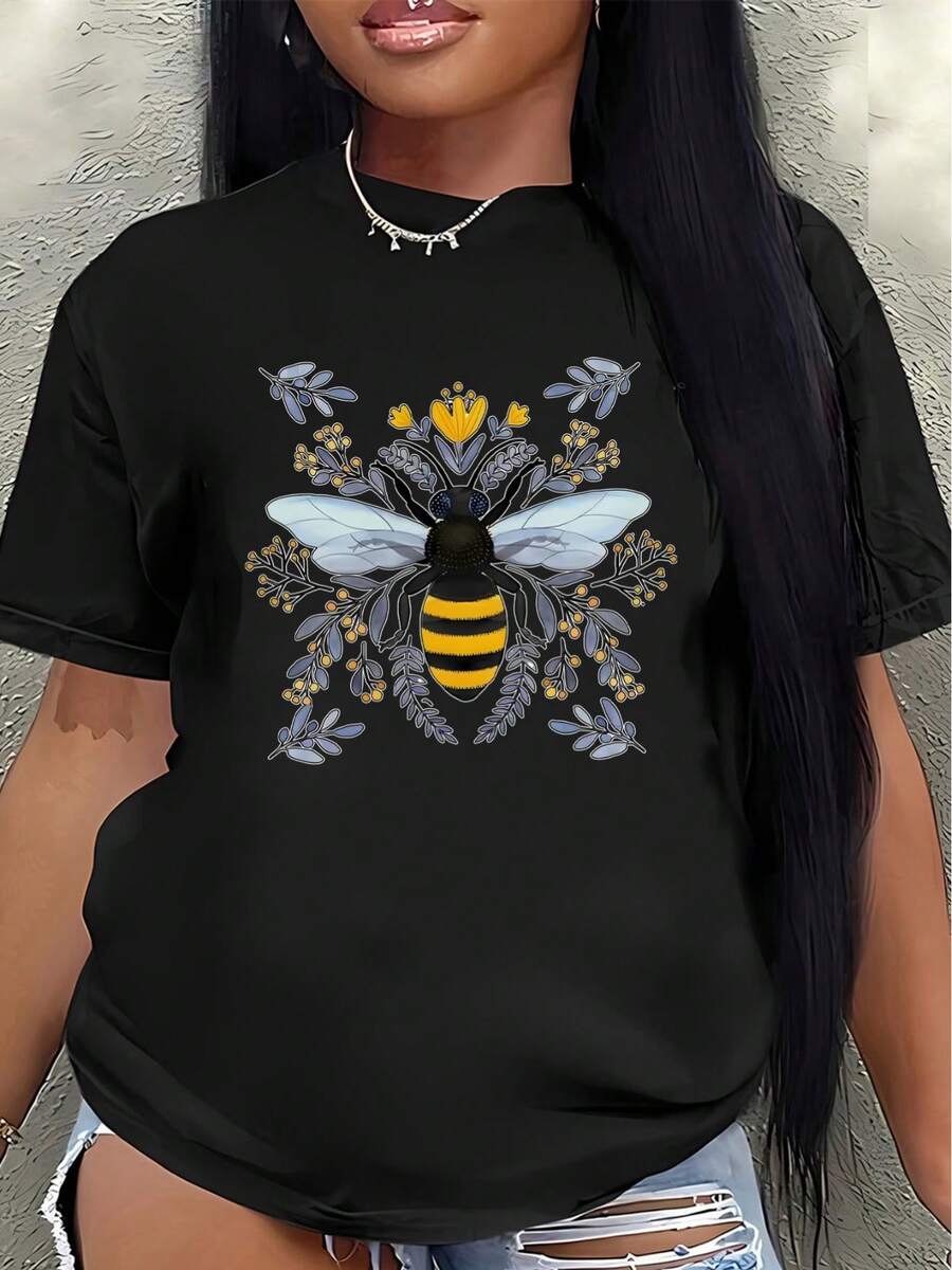 Camiseta de manga corta, ligera y duradera, diseñada con estampados de abejas y flores, es perfecta para usar en casa, en una cafetería o al aire libre, ofreciendo una experiencia de uso diario cómoda.women's shirts - Negro - Ver 1