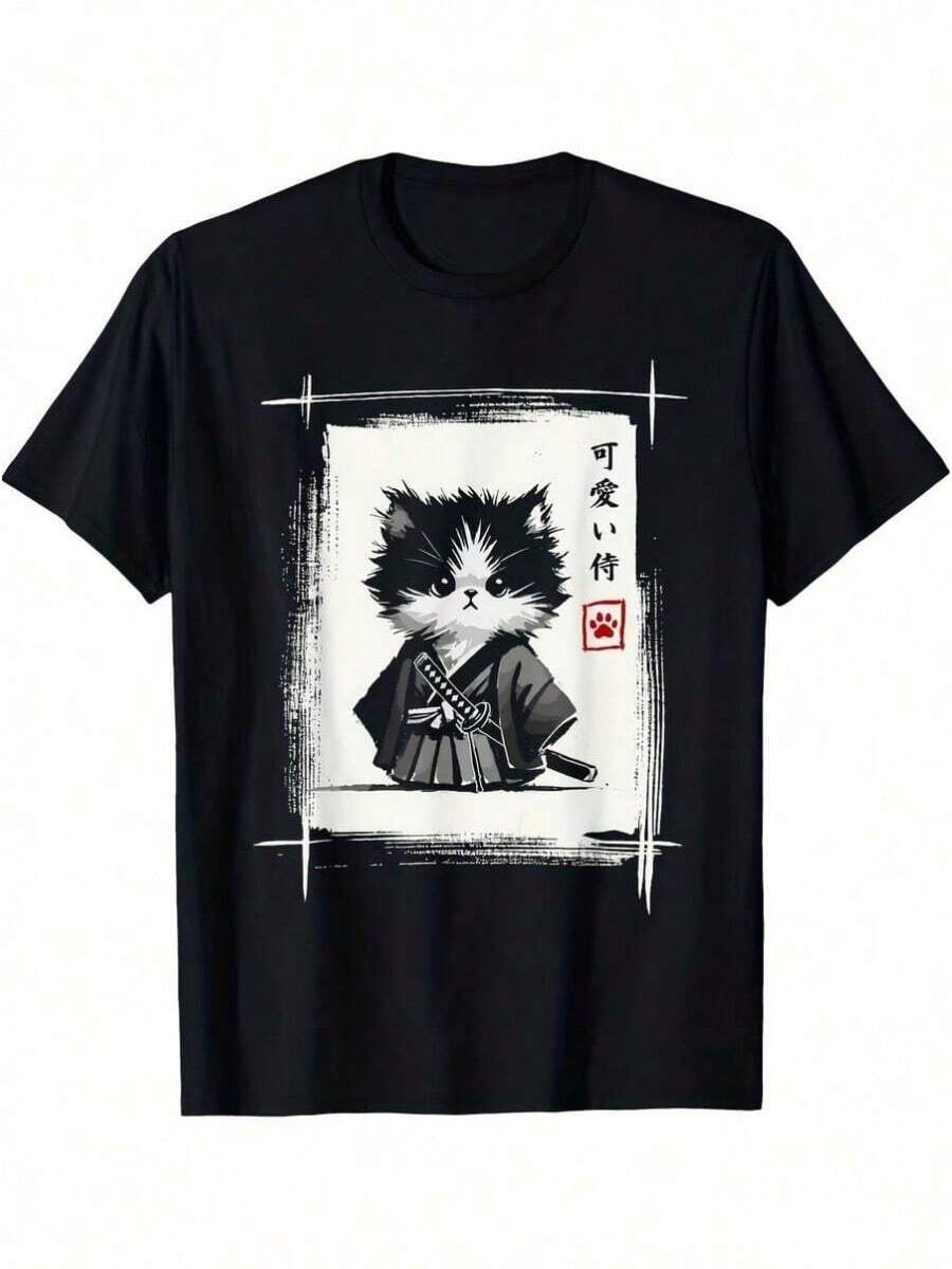 1 pieza Camiseta de Gato Samurai Estilo Japonés Sumi-E, Novedosa, Kawa, Divertida, para Todas las Temporadas, de Algodón, Estampado a una Cara, Cuello Redondo, Manga Corta, 180g, 100% Algodón, los diseños están completamente impresos. Unisexo. - Negro 47 - Ver 1