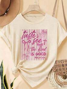 Women's Graphic T-Shirt With "I Sought The Lord And He Heard Me And Answered Me" Print, Bible Verse Print, Summer Tops, Casual Vacation Outfits, Christian Aesthetic Cotton T-Shirts, Summer Clothing. - 杏子 6 - 查看 2