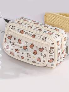 1 pieza Bolsa de papelería de gran capacidad y multicapa con diseño de capibara/Estuche de lápices con estampado lindo, textura premium/Caja organizadora de escritorio, regreso a la escuela - Multicolor - Ver 4