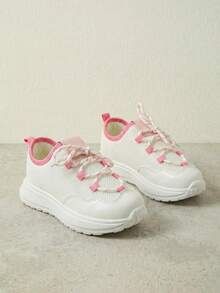 1 Pair New Kids' Colorblock Mesh Sneakers, White & Pink, Minimalist Casual Shoes With Criss-Cross Laces, Suitable For School, Outdoor Activities, And Daily Wear - powder white - View 5