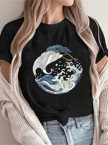 Camiseta vintage para mujer con estampado de ondas y grullas al estilo retro japonés - Top de manga corta con cuello redondo opaco, con diseño de ondas y grullas al estilo Ukiyo-e, ropa casual de verano y primavera en blanco y negro estilo Utagami Saburosai, ropa cultural japonesa lavable a máquina, camiseta gráfica de estilo japonés para mujer. - Negro - Ver 7