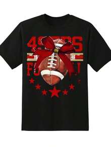 Camiseta Casual para Mujer, Blanca con Estampado del Equipo de Fútbol Americano 49ers, Lazo Rojo y Estrellas, para el Día del Partido y Uso Diario, 220g, 100% Algodón, Resistente - Negro - Ver 3