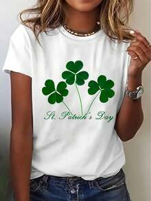 Women's Casual Clover Print T-Shirt - Soft Polyester & Spandex Blend, Round Neck, Short Sleeve, Machine Washable - Perfect For Summer - White - View 1