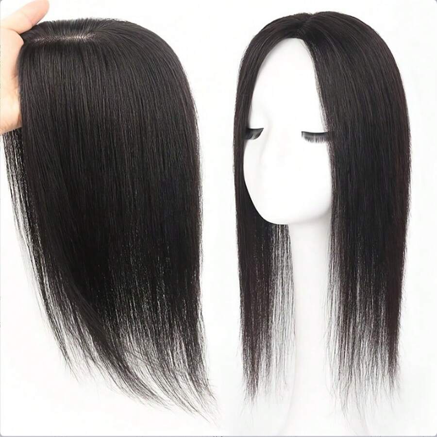 Elegant Women's Straight Human Hair Topper - Seamless, Full Volume For Covering White & Adding Extra Hair - Natural Black - View 1