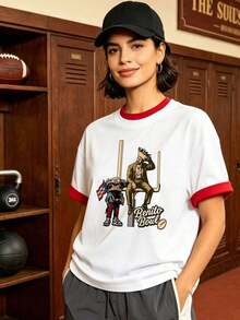 Camiseta de manga corta con cuello redondo suave y casual de verano para mujer, estilo rugby, estilo universitario, tops para salir, algodón, vintage, estilo callejero europeo y americano, casual deportivo, estilo unisex, estilo casual urbano, tops bonitos, generación Z, curvas, ropa Y2K, camisetas divertidas, tops para damas, conjuntos de vacaciones para mujeres, top lindo, camiseta gráfica, conjuntos de primavera, camisetas holgadas, ropa de calle retro, estilo de los 90, estilo de los 2000, subcultura, top , tops blancos, conjunto de fiesta de los 90. Adecuado para primavera, verano y otoño - Blanco - Ver 7