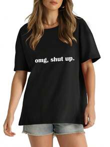 Cozy Comfy Lounge Plus Size - Camisa de manga corta estampada en negro para mujer, top casual de cuello redondo, adecuada para primavera y otoño, ropa - Negro - Ver 7