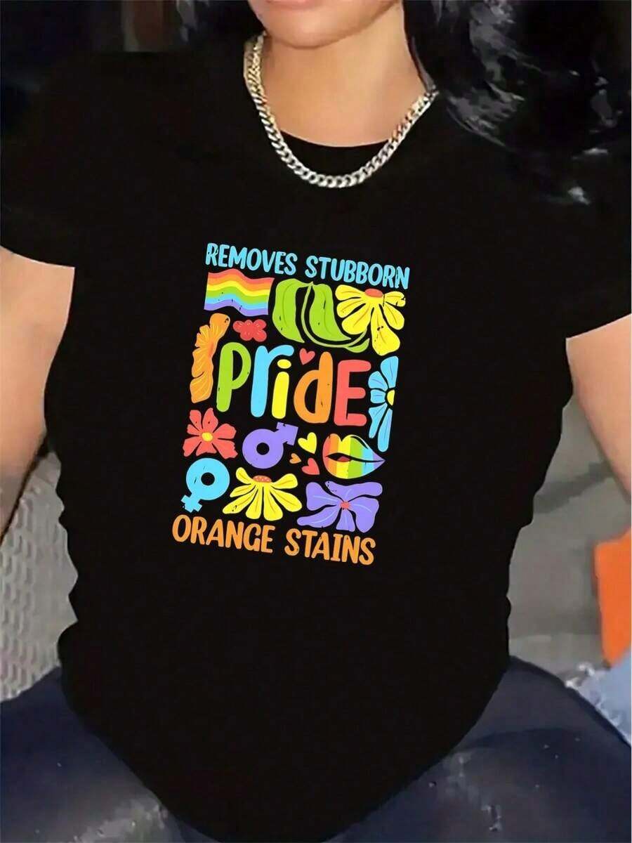 Camiseta Pride para Mujer - Ligera y Resistente, de Manga Corta y Cuello Redondo, con Colores del Orgullo Arcoíris y Texto LGBTQ+ - Ropa Casual y de Fiesta para Todas las Temporadas, para Eventos Pride y LGBTQ+, Camiseta para Uso Diario, Camiseta Pride, Ropa para Eventos, Ajuste Cómodoblusas para mujer>ropa - Negro - Ver 1