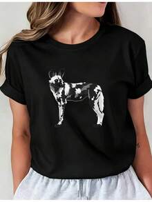 Camiseta 100% algodón para hombre y mujer con estampado de perro salvaje africano (perro de caza africano), modelo 01, top casual de cuello redondo, ropa cómoda para mujer. Camiseta sencilla de color sólido para mujer, corte holgado y ajustado, manga corta casual. - Negro - Ver 1