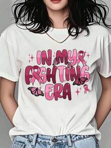 Camiseta de Mujer "En Mi Era de Lucha Contra el Cáncer de Mama" con Lazo Rosa y Mariposa, Top de Moda para Celebración de la Concientización y Supervivencia del Cáncer de Mama - Blanco - Ver 6