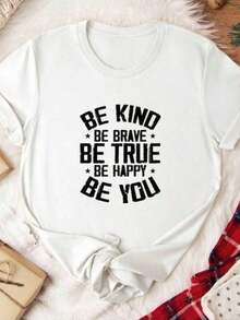 "Be Kind Brave True" T-Shirt – Unisex Motivational Summer Clothing, Round Neck, 100% Cotton Women's T-Shirt, Boho Clothing For Women, Women's T-Shirt - 白色 - 查看 6