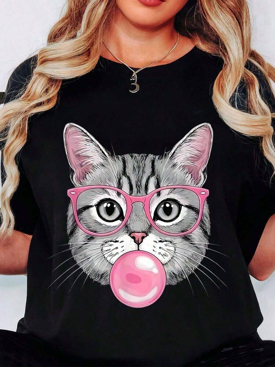 Women's Casual T-Shirt With Cute Cat Print With Pink Glasses And Bubble Gum, Perfect For Everyday Wear And Fun Outings - 黑色 - 查看 1