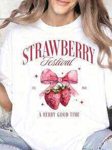 Camiseta de Festival de Fresas para Mujer, Estampado de Fresas, Linda Camiseta de Verano, Camiseta Gráfica 'Berry Good Time', Camiseta Casual de Manga Corta para Amantes de las Fresas, Diseño Vintage de 1968 - Blanco - Ver 6
