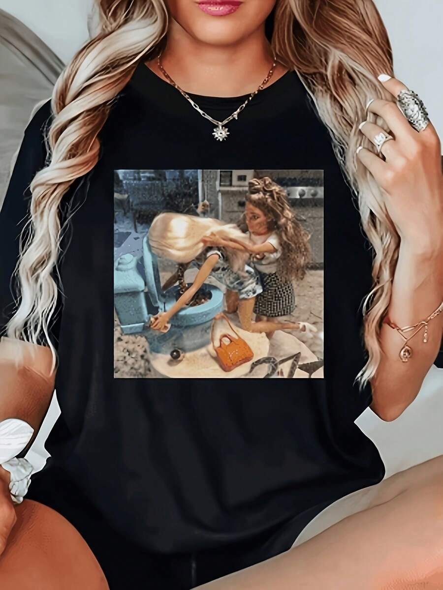 Una camiseta de mujer de manga corta, holgada, moderna, retro y elegante, adecuada para actividades al aire libre en primavera y verano.Estampado creativo que muestra a una chica leyendo en una hamaca.Camiseta casual para mujer, de cuello redondo, manga corta, lavable a máquina, sencilla, versátil y transpirable, con un corte informal para primavera y verano.blusas para mujer,blusas casuales para dama,tops,, mujer premium,y2k,playeras de mujer curvy,ofertas y liquidaciones ropa mujer,playeras deportivas para mujer,,playeras de hombre, mujer,blusas>elegante WII6 - Negro - Ver 1