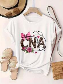 Women's Casual Short Sleeve T-Shirt - Leopard Print With Stethoscope And Pink Roses, Round Neck, Summer Top, Machine Washable, Ladies' T-Shirts, Casual Wear, Modern Style, Comfortable Fit

-White - 白色 - 查看 2