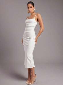 Vestido midi de verano para mujer de unicolor, elegante, con tirantes de espagueti y drapeado ajustado - Blanco - Ver 6