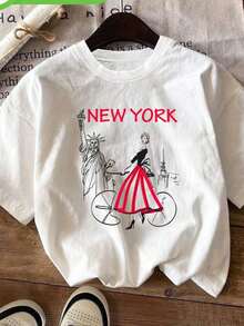 Camiseta Gráfica de Viaje de la Ciudad de Nueva York - Estilo Vintage con Estampado de Mujer con Falda Roja y Estatua de la Libertad, Camiseta Casual de Manga Corta con Cuello Redondo para Verano y Primavera, Ropa de Mujer, Camiseta 100% Estampada, Camiseta Casual de Manga Corta con Cuello Redondo para Verano y Primavera, Ropa de Mujer - Blanco - Ver 1