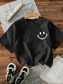 Camiseta elegante para mujer con un moderno diseño de letras "Auntie", con un estampado retro sencillo, perfecta para primavera y verano.Esta camiseta de manga corta es ideal para las vacaciones, ofreciendo un corte holgado pero ajustado para mayor versatilidad. - Negro - Ver 2