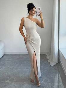 Nuevo vestido maxi de mujer de unicolor y sexy con hombro asimétrico, retorcido y fruncido, con cuello asimétrico, textura de punto y estilo ajustado, con diseño retorcido y con abertura, atuendo elegante para mujer, vestido para fiesta de primavera/verano, vacaciones, San Valentín - Albaricoque - Ver 5