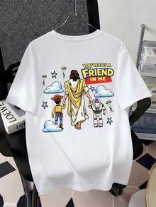Officially Licensed Disney  Toy Story You've Got A Friend In Me Jesus Woody Buzz Lightyear Graphic T‑Shirts For Men 100% Cotton Short Sleeve Crew Neck Faith Christian Religious Cartoon Oversized Streetwear Tee Inspirational Summer Casual Daily Faith Based Outfit - trắng - Xem 4
