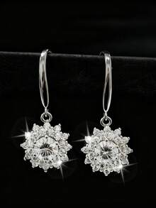 ConiiW 1 par de pendientes con colgante de girasol de plata de ley 925, con 0,5 quilates*2 de moissanita redonda incrustada - Plateado - Ver 4