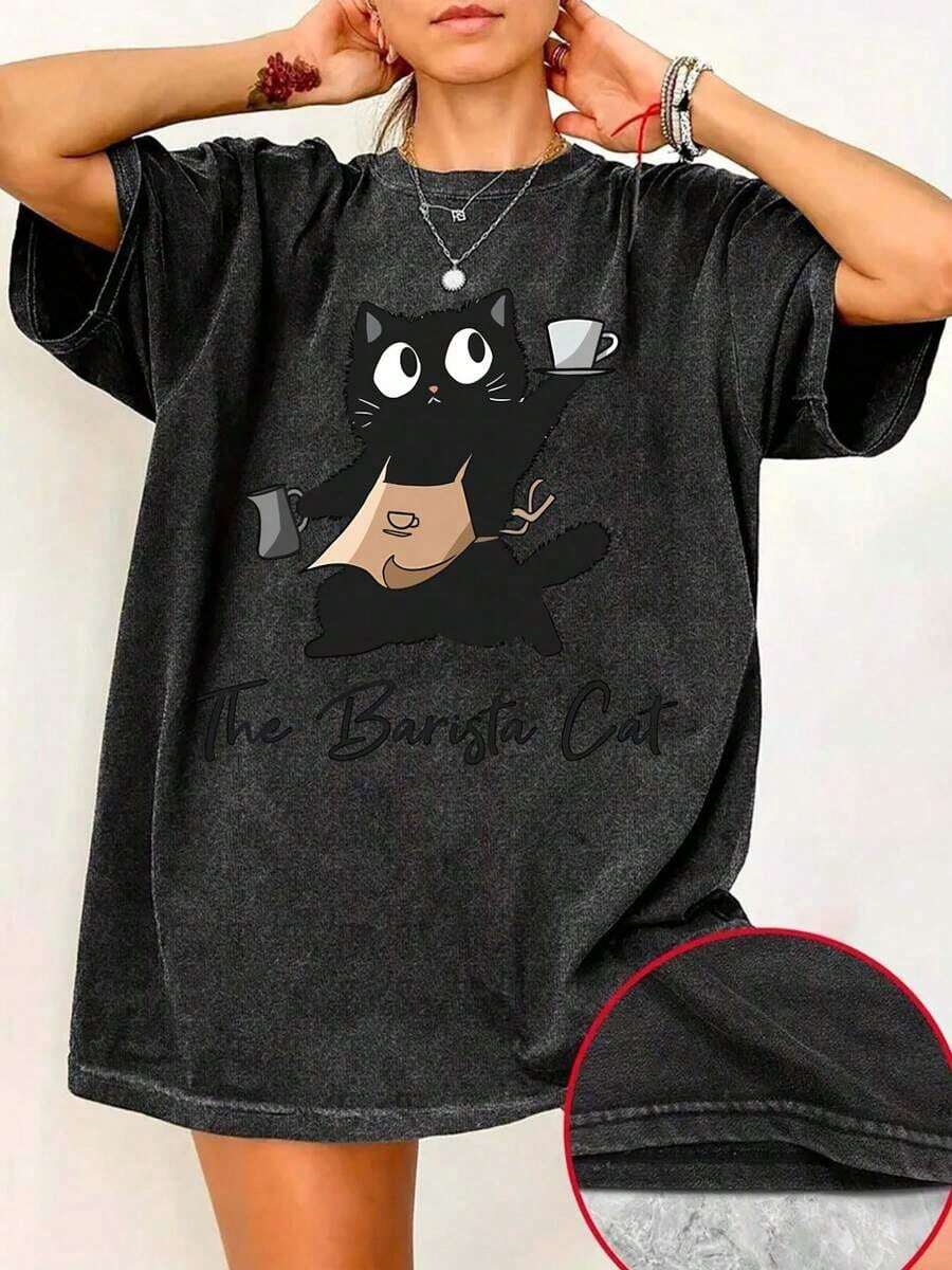 1 Piece Of T-Shirt With An Anthropomorphic Design Of A Barista Cat, Vintage Washed And Distressed Style, Retro Loose Fit With Dropped Shoulders, Cotton Blend Material, Slightly Stretchy And Breathable, Perfect Gift For Everyday Wear For Women - Women's Plus Size Vintage Washed Graphic Tees, Cute For Summer Outfits And Mother's Day For The 4th Of July Outfit, 180g 100% Cotton. - 黑色 - 查看 1