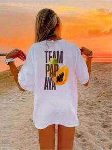 1 Piece Of Women's Oversized Graphic Tee, Featuring A Tropical Fruit Print, "Team Papaya", Casual Loose Fit, Short Sleeves, Round Neck, Cotton Blend, Long Tunic Style With Dropped Shoulders, Ideal For Vacation, Tropical And Casual Outfits, 180g 100% Cotton. - 白色 - 查看 6