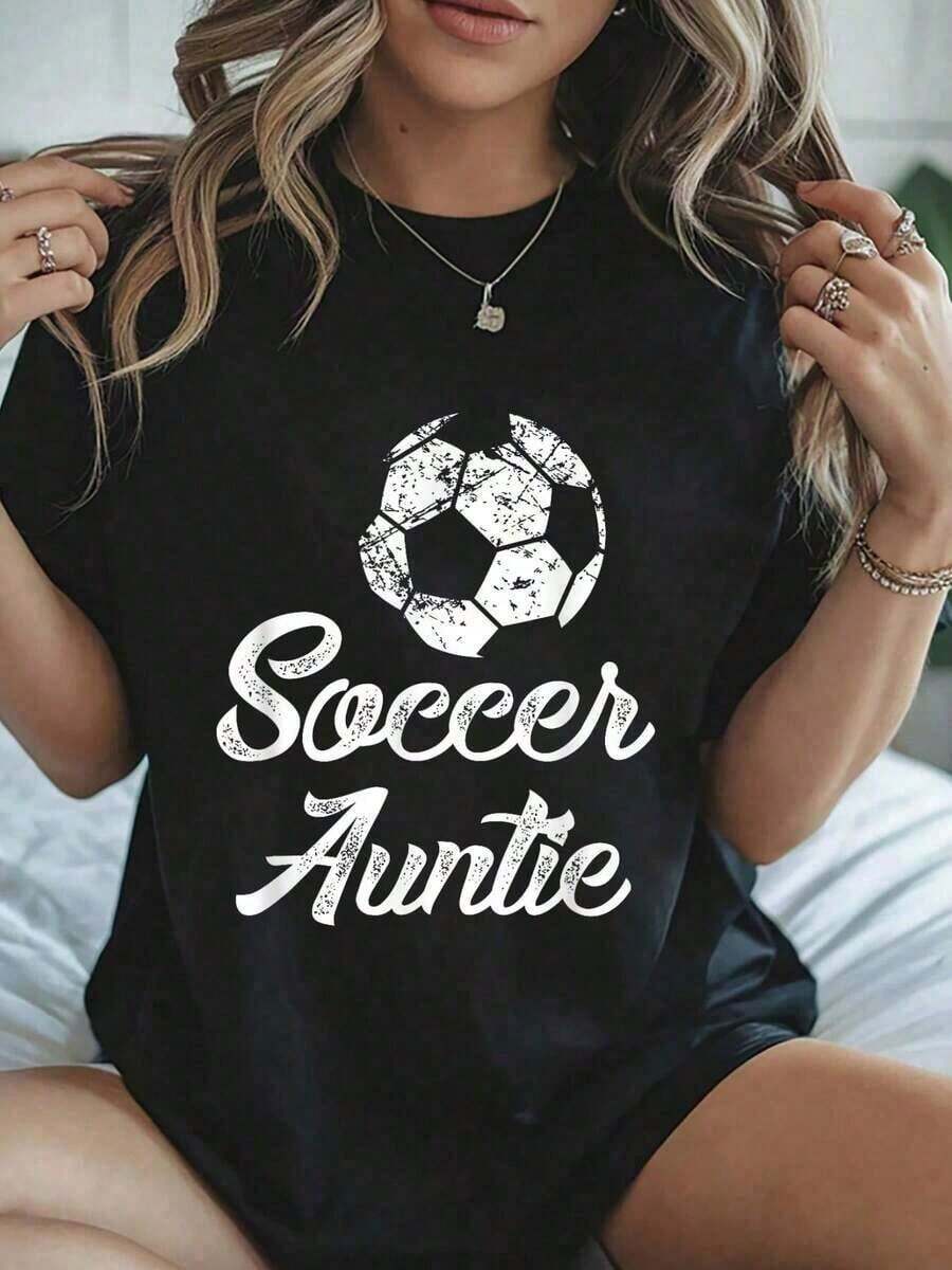 1 Piece Women's 100% Cotton Football T-Shirt, Fun And Cute, For Football Fans, Ideal For Holidays. 180g 100% Cotton. - 黑色 - 查看 1