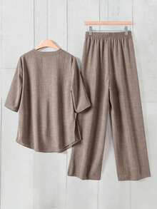 Conjunto informal de top con cuello en pico y pantalones de unicolor - Marrón - Ver 2