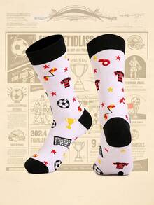 1 Pair Of Mid-Calf Socks With Soccer-Themed Prints. Sporty And Creative Socks. A Gift For Soccer Fans. - Multicolor - View 3