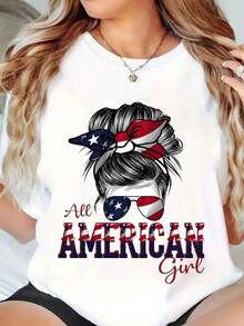Camiseta Gráfica Divertida de Talla Grande para Mujer, Estampada con la Bandera de Estados Unidos y Estrellas y Rayas, para el Día de la Independencia Patriótica, Ropa Patriótica, para Amantes de la Moda - Blanco - Ver 1
