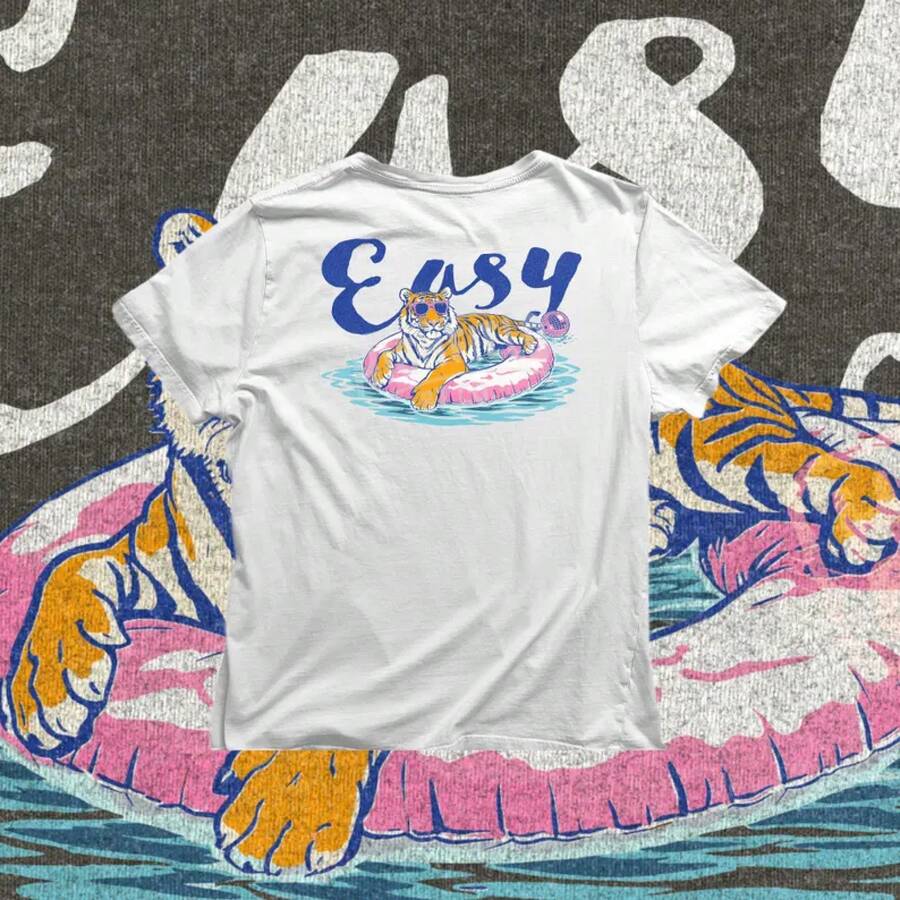 Easy Summer Tiger Design In PNG, Funny Tiger Floating In Pool In PNG, Easy Tiger-Style Sunglasses Design For T-Shirts, Digital Download For Beach Vacation - White - View 1