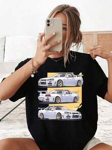 Women's Oversized Cotton T-Shirt With A 3-White Car Print, Streetwear Style, Casual Short Sleeves, A Great Summer Gift For Her, Crew Neck, Printed Design, Perfect For Everyday Wear. These T-Shirts Make Excellent Gifts For Friends And Family. Made From 100% Cotton, They Feature A Youthful And Fashionable Design. Casual Blouses For Women. - 黑色 - 查看 6