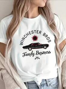 Short-Sleeved Polyester T-Shirt With "Winchesters Family Business" Graphic For Casual Wear At Home Or In A Restaurant; Lightweight And Durable Design, Perfect For Everyday Comfort - 白色 - 查看 1