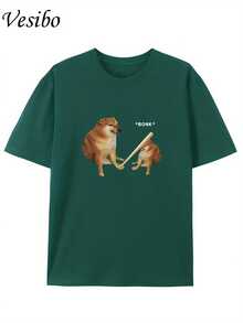 Hit Your Dog's Head! Funny T-Shirt With A Round Neck And Creative Design, Pure And  Summer Fashion, Short Sleeves, Casual Top For Everyday Wear - 深綠色 - 查看 7