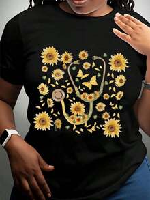Women's Cotton Sunflower Stethoscope Nurse T-Shirt Medical Professional Flower Design Tee For Women Doctors Nurses Healthcare Workers Gift, Basic Women's Blouses - 黑色 - 查看 2