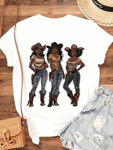 Women's Cotton T-Shirts, Women's Graphic Cowboy Style T-Shirt, Western Style T-Shirt With Three Cowgirl Design For Casual Wear And Country Music Festivals, Women's Basic Blouses. - 白色 - 查看 3