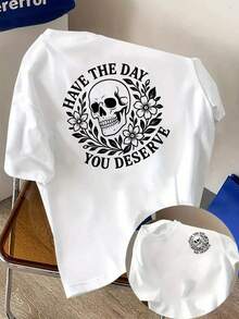 New Men's T-Shirt Made Of 180g Heavyweight Cotton, Featuring Skull And Flower Decoration, Printed Design On The Front And Back, Short-Sleeved Men's Fashion, Suitable For Daily Casual Wear And Outdoor Fitness Activities, Unique Double-Sided Pattern Design - For Spring And Autumn As An Inner Layer And For Summer As An Independent Garment, Unisex Style. - 白色 - 查看 1