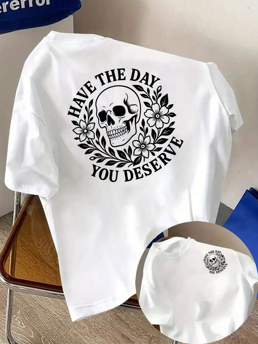 New Men's T-Shirt Made Of 180g Heavyweight Cotton, Featuring Skull And Flower Decoration, Printed Design On The Front And Back, Short-Sleeved Men's Fashion, Suitable For Daily Casual Wear And Outdoor Fitness Activities, Unique Double-Sided Pattern Design - For Spring And Autumn As An Inner Layer And For Summer As An Independent Garment, Unisex Style. - 白色 - 查看 1